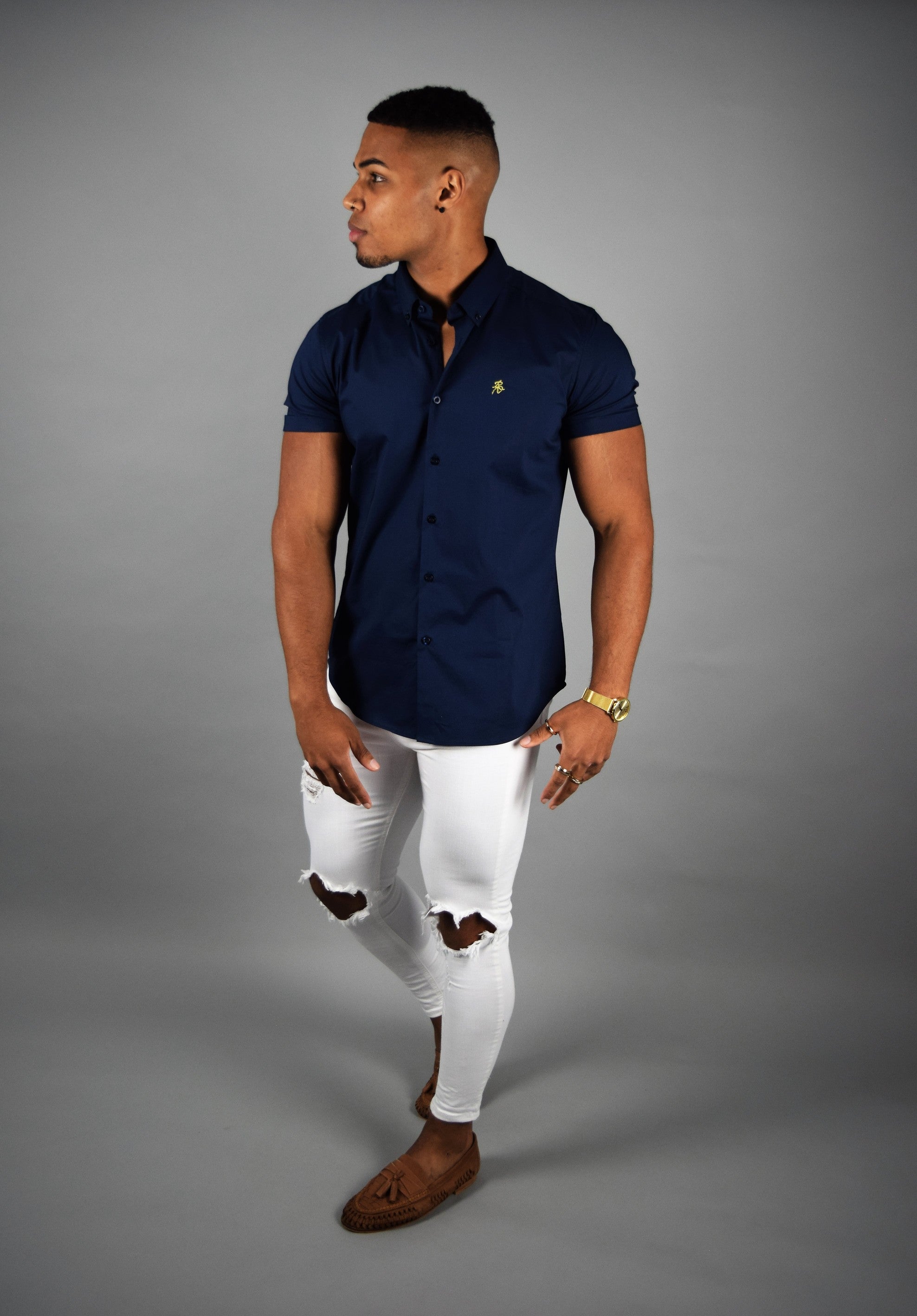 Lux Navy Blue Short Sleeve Slim Fit ...